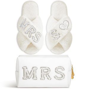 Personalized Initial Wedding Bride Slippers Mrs Pearl Letter Makeup Bag Bridal🐧